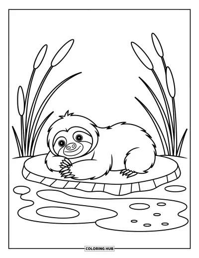 Coloriage de paresseux pour enfants : Un paresseux se prélasse sur un rocher plat près d’un étang avec de délicats roseaux autour
