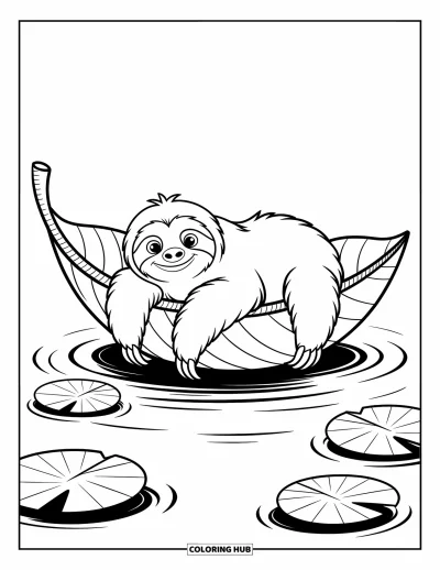 Coloriage de paresseux pour enfants : Un paresseux se prélasse sur une feuille-bateau flottante avec de légères ondulations et des nénuphars à proximité