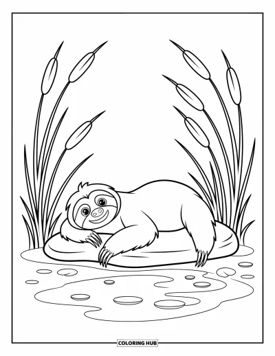 Coloriage de paresseux pour enfants : Un paresseux se prélasse sur un rocher lisse près d’un étang avec des roseaux ondulants autour