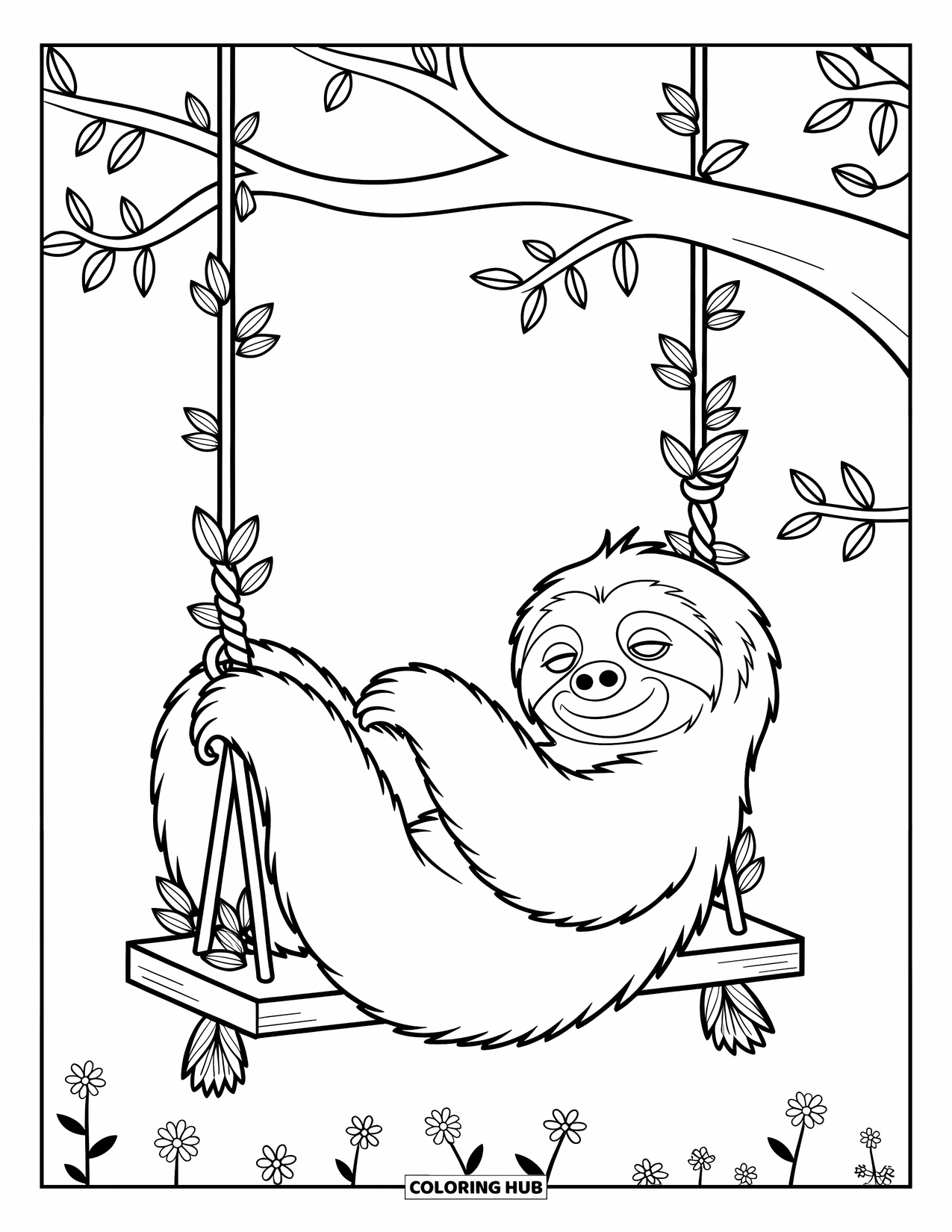 Desenho de Bicho-Preguiça para Crianças: Uma bicho-preguiça relaxa em um balanço de árvore com padrões florais e vinhas divertidas ao redor