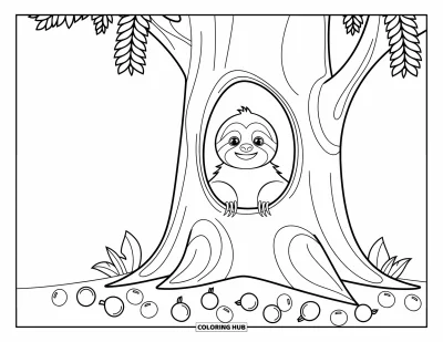 Coloriage de paresseux pour enfants : Un paresseux passe la tête hors d’un tronc creux avec des fruits dispersés et de simples motifs feuillus