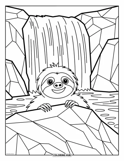 Coloriage de paresseux pour enfants : Un paresseux regarde par-dessus des rochers avec une cascade spectaculaire à l’arrière