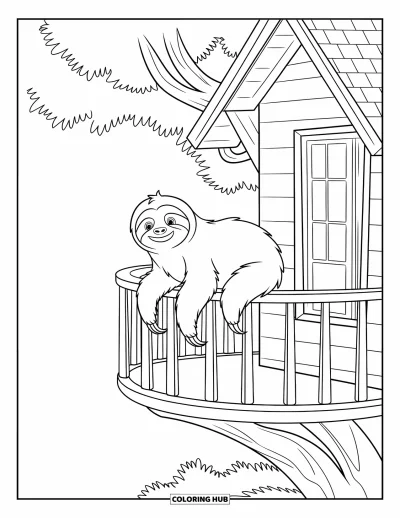 Coloriage de paresseux pour enfants : Un paresseux est perché sur le balcon d’une cabane dans les arbres, entouré de végétation tropicale