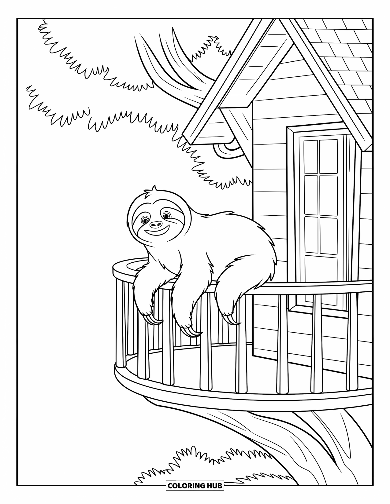 Desenho de Bicho-Preguiça para Crianças: Uma bicho-preguiça empoleira-se na varanda de uma casa na árvore cercada por exuberantes árvores da selva