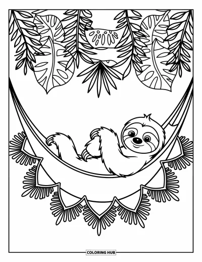 Coloriage de paresseux pour enfants : Un paresseux se détend dans un hamac avec des guirlandes fantaisie et des motifs floraux ondulants
