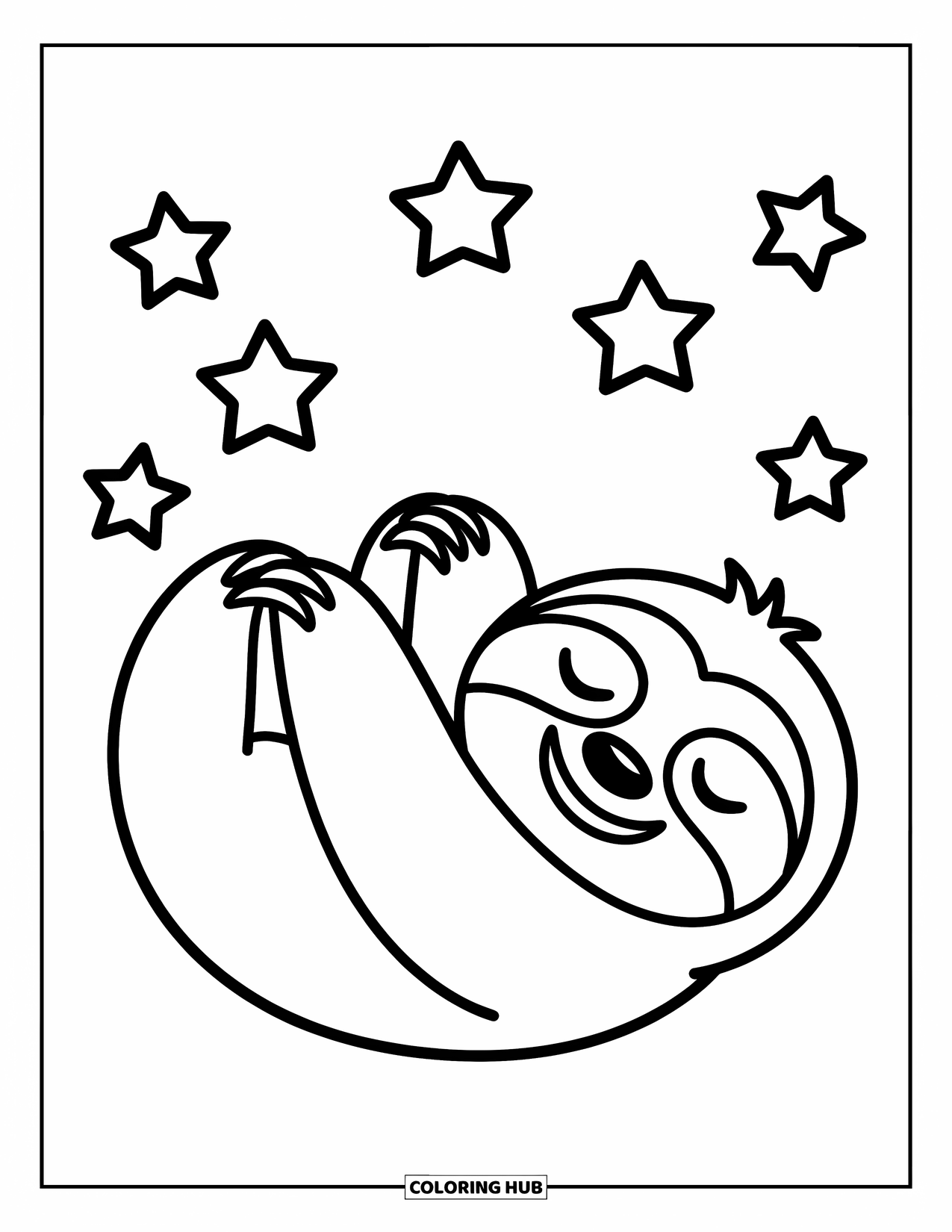 Desenho de Bicho-Preguiça para Crianças: Uma bicho-preguiça relaxa de costas com os olhos fechados e estrelas no céu