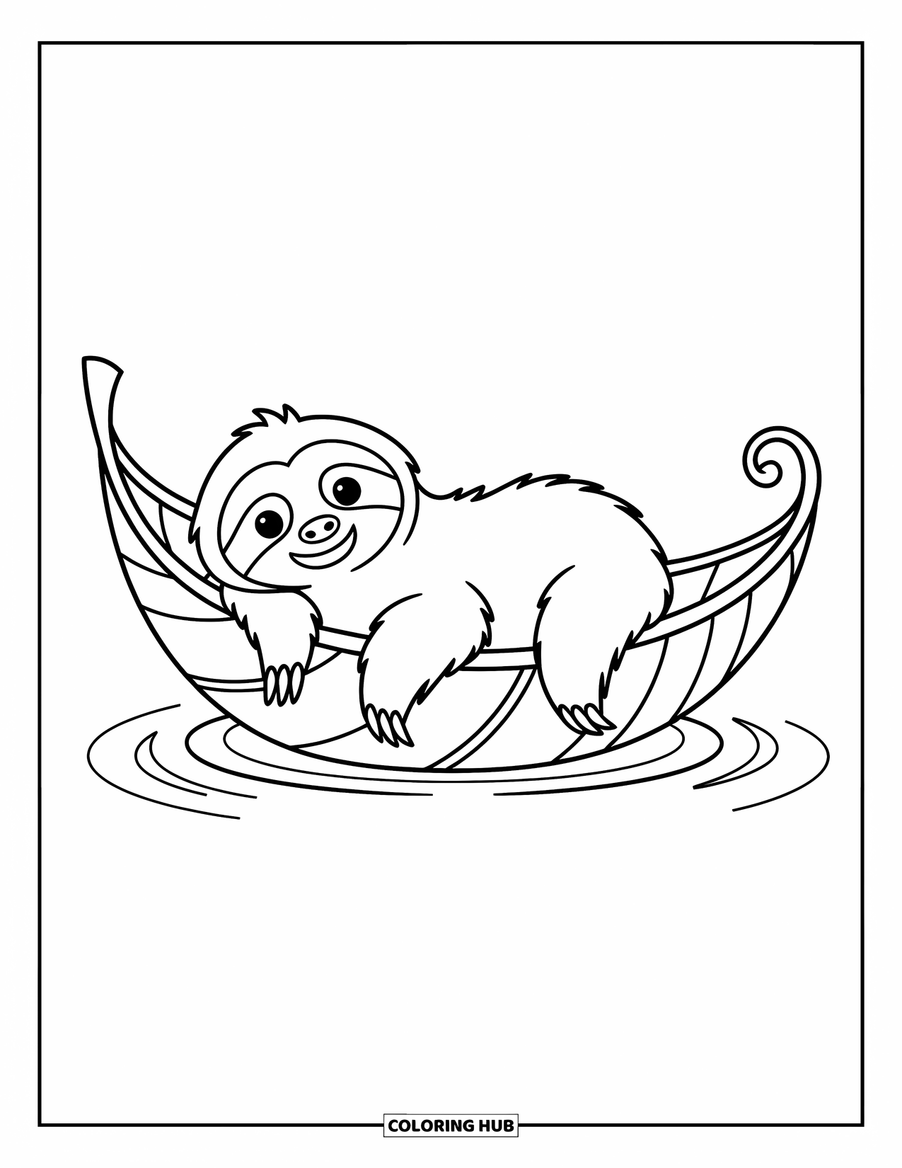 Desenho de Bicho-Preguiça para Crianças: Uma bicho-preguiça descansa em um grande barco de folha flutuando suavemente em água calma com ondulações ao redor