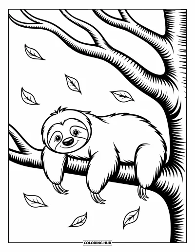 Coloriage de paresseux pour enfants : Un paresseux se repose sur une branche avec des feuilles tourbillonnantes qui tombent doucement autour de lui