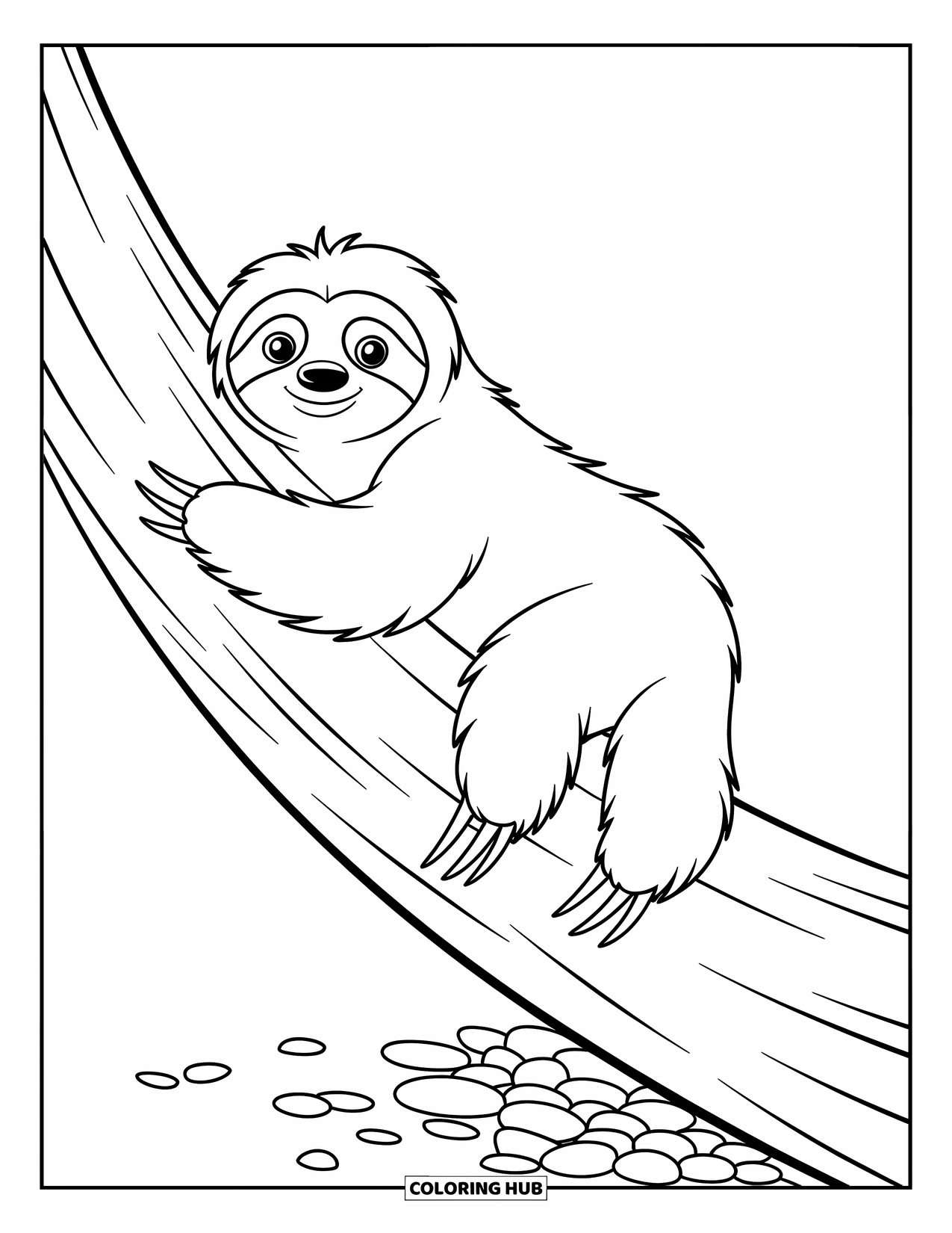 Desenho de Bicho-Preguiça para Crianças: Uma bicho-preguiça desliza por um tronco de árvore liso com pedrinhas espalhadas ao redor de seus pés