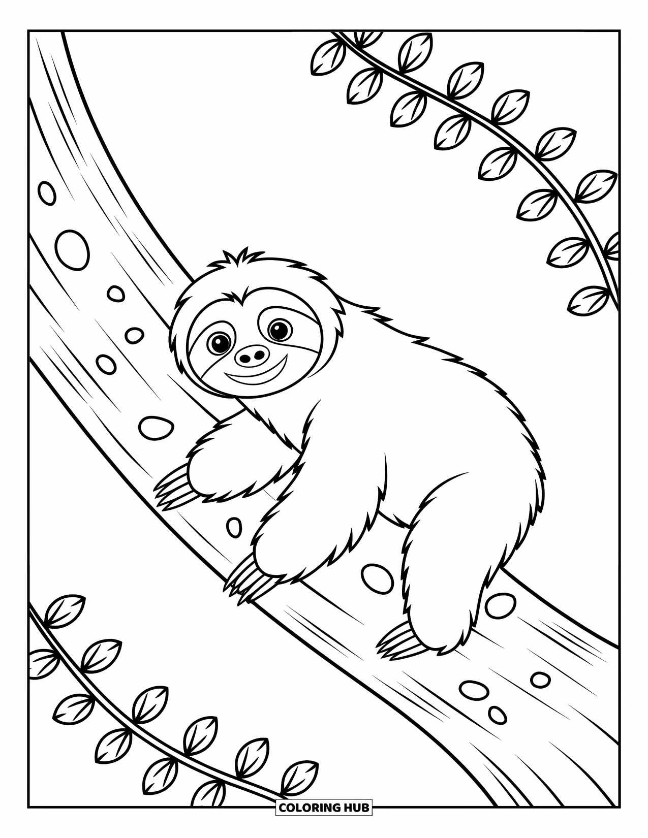 Desenho de Bicho-Preguiça para Crianças: Uma bicho-preguiça desliza suavemente por um tronco de árvore com casca estampada e pedrinhas espalhadas