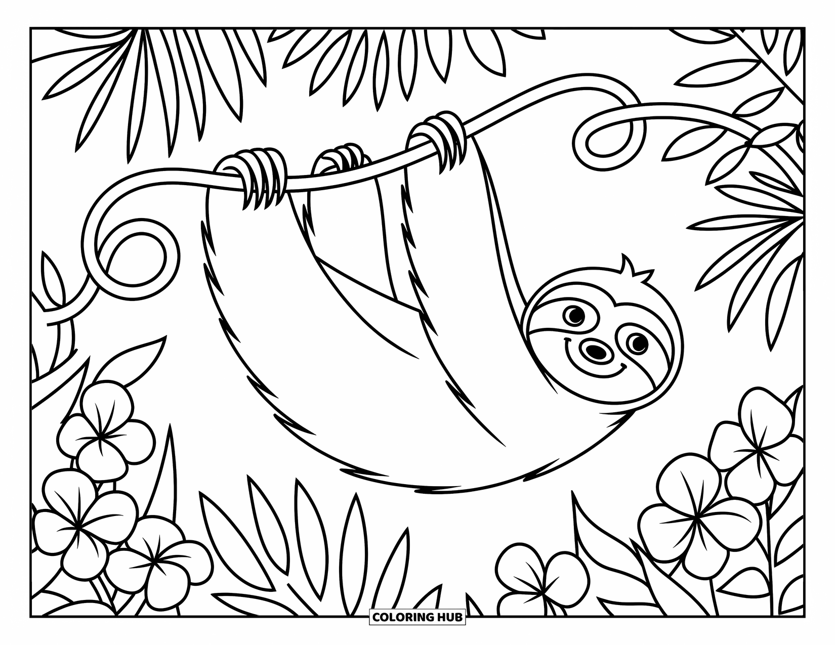 Desenho de Bicho-Preguiça para Crianças: Uma bicho-preguiça se estica graciosamente com vinhas em loop e flores tropicais florescendo por perto