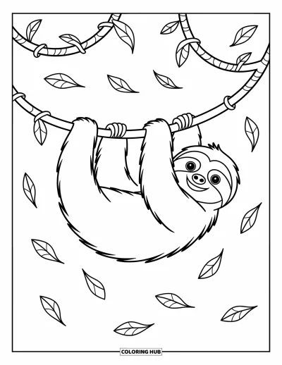 Coloriage de paresseux pour enfants : Un paresseux se balance en l’air à deux lianes, avec des feuilles flottantes en dessous