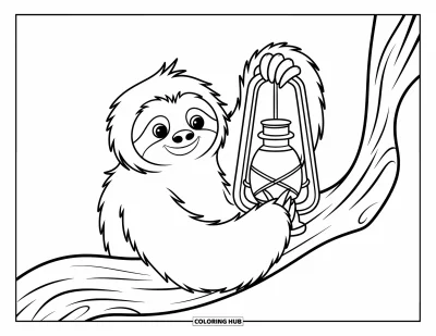 Coloriage de paresseux pour enfants : Un paresseux aux traits doux tient une lanterne sur une branche d’arbre courbée