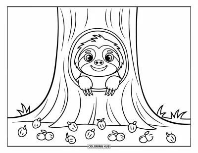 Coloriage de paresseux pour enfants : Un paresseux aux grands yeux passe la tête hors d’un tronc d’arbre, entouré de fruits de la jungle