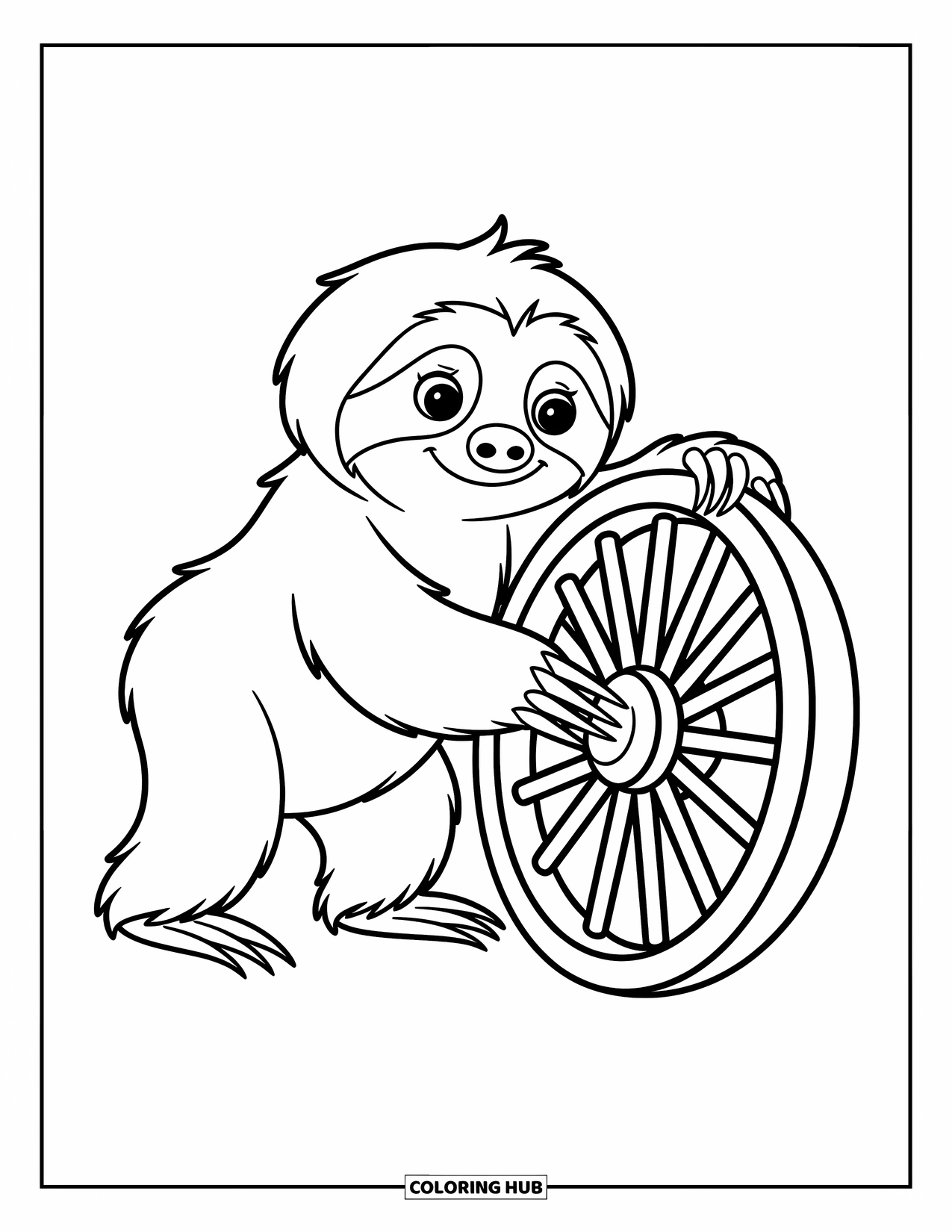 Desenho de Bicho-Preguiça para Crianças: Uma bicho-preguiça com olhos arregalados empurra uma roda de madeira coberta de desenhos intrincados