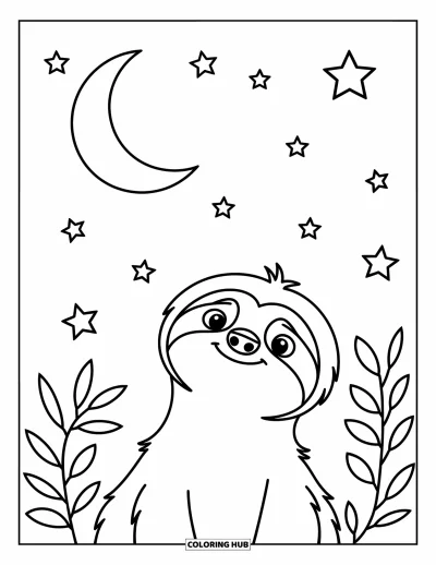 Coloriage de paresseux pour enfants : Un paresseux souriant regarde la lune et les étoiles avec de simples feuilles et branches autour