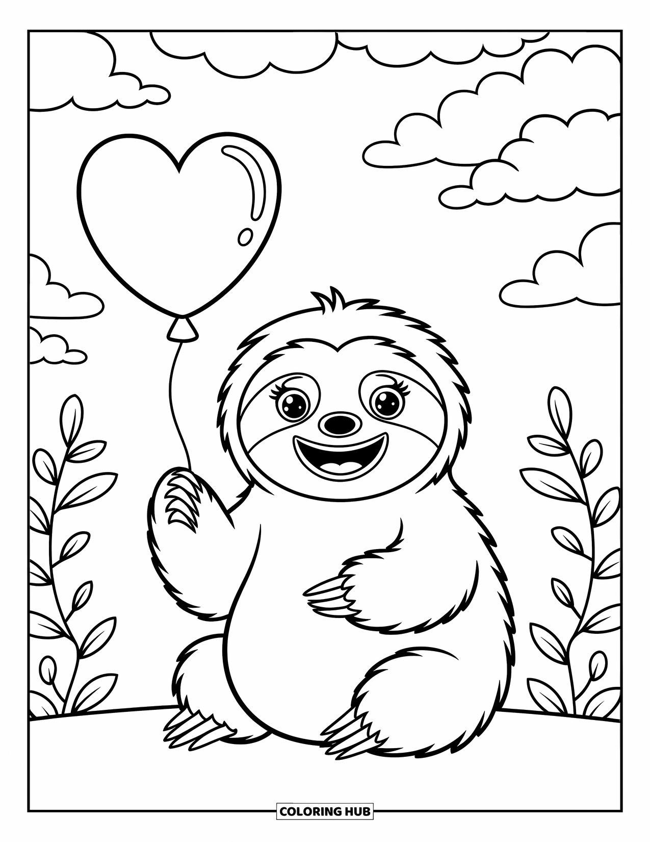 Desenho de Bicho-Preguiça para Crianças: Uma bicho-preguiça sorridente segura um balão de coração cercado por nuvens e folhas