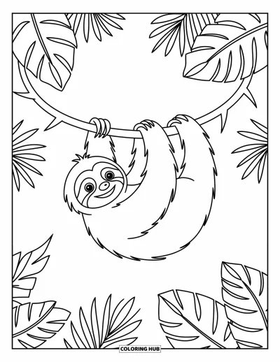 Coloriage de paresseux pour enfants : Un paresseux souriant se balance à une liane, avec des feuilles tropicales qui embellissent la scène