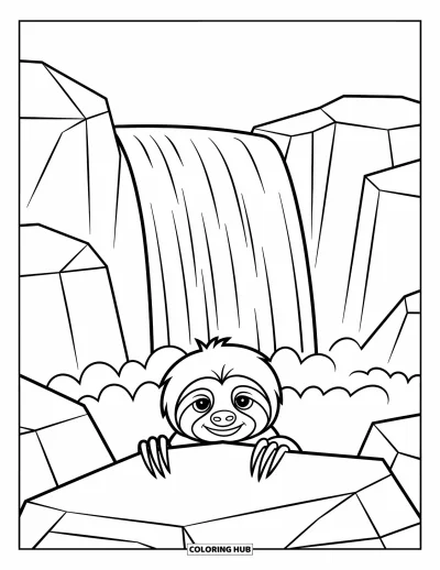 Coloriage de paresseux pour enfants : Un paresseux aux grands yeux regarde par-dessus des rochers, avec de l’eau qui dévale au loin