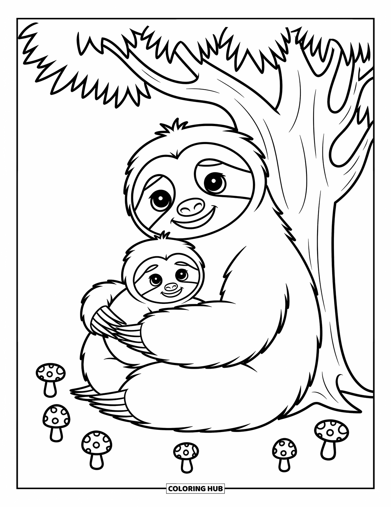 Desenho de Bicho-Preguiça para Crianças: Uma bicho-preguiça adulta embala uma bicho-preguiça bebê sob uma árvore com cogumelos espalhados