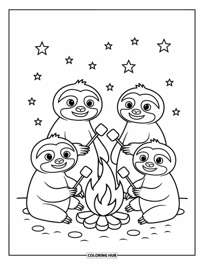 Coloriage de paresseux pour enfants : Des paresseux se rassemblent près d’un feu de camp en tenant des guimauves, avec des étoiles scintillantes au-dessus