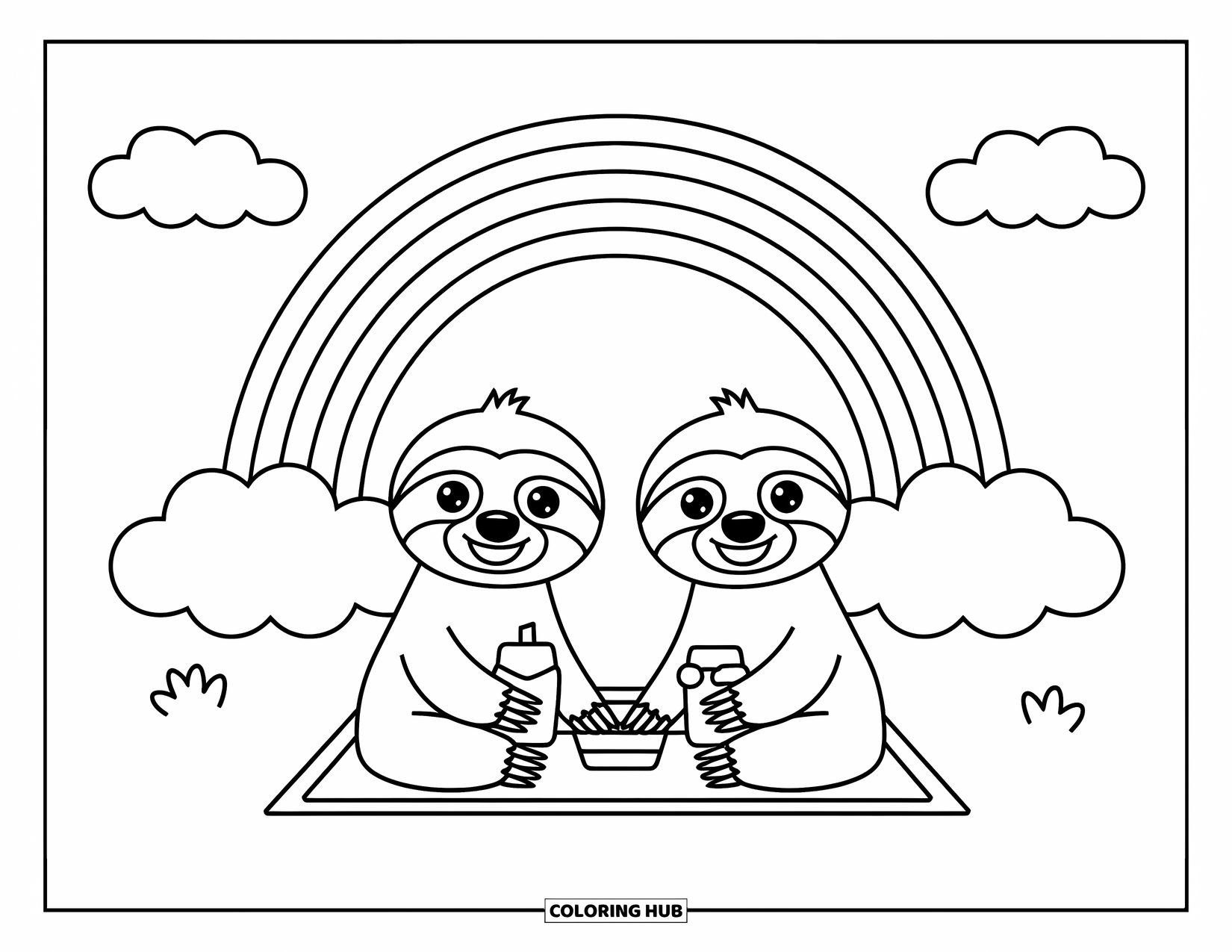 Desenho de Bicho-Preguiça para Crianças: Duas bichos-preguiças alegres sentam-se sob um arco-íris com guloseimas de piquenique