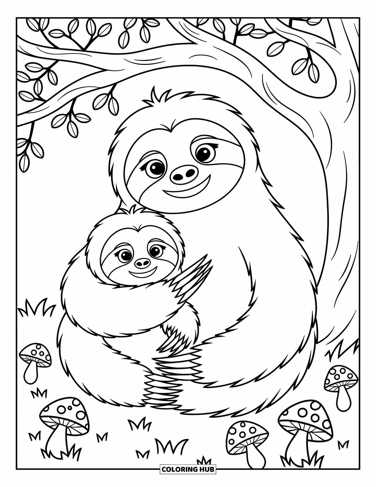 Desenho de Bicho-Preguiça para Crianças: Duas bichos-preguiças abraçadas sentam-se sob uma árvore com cogumelos divertidos ao redor