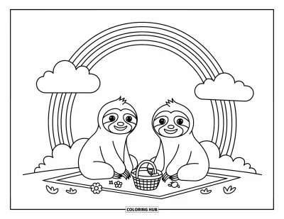Coloriage de paresseux pour enfants : Deux paresseux heureux partagent un pique-nique avec des sandwichs et des fruits