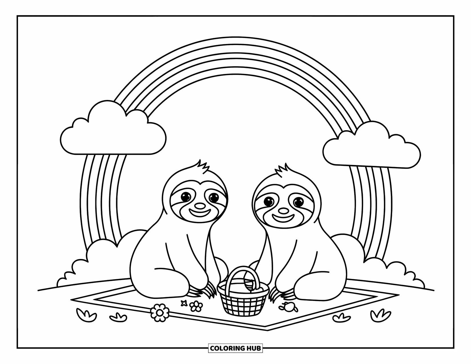 Desenho de Bicho-Preguiça para Crianças: Duas bichos-preguiças felizes compartilham um piquenique com sanduíches e frutas