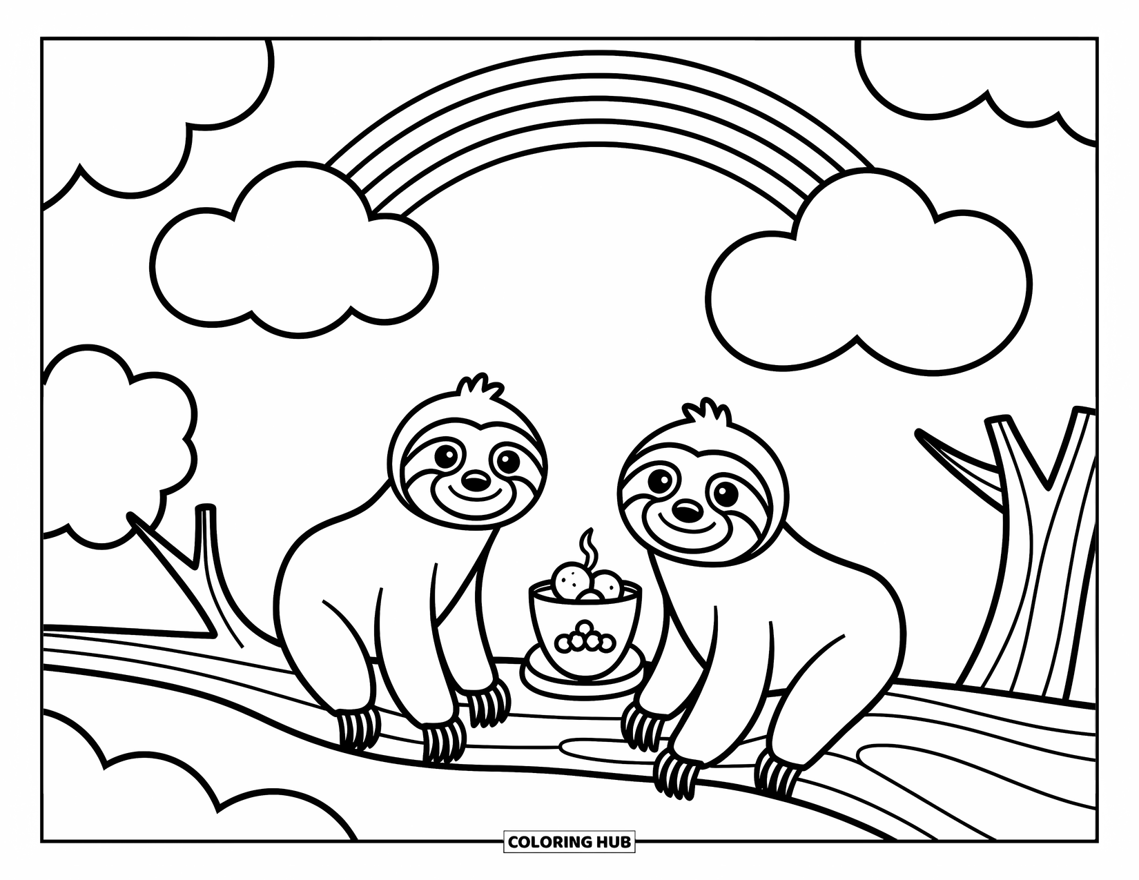 Desenho de Bicho-Preguiça para Crianças: Duas bichos-preguiças brincalhonas fazem um piquenique em um galho de árvore