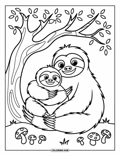 Coloriage de paresseux pour enfants : Deux paresseux se blottissent tendrement sous un arbre, avec des champignons fantaisie à proximité