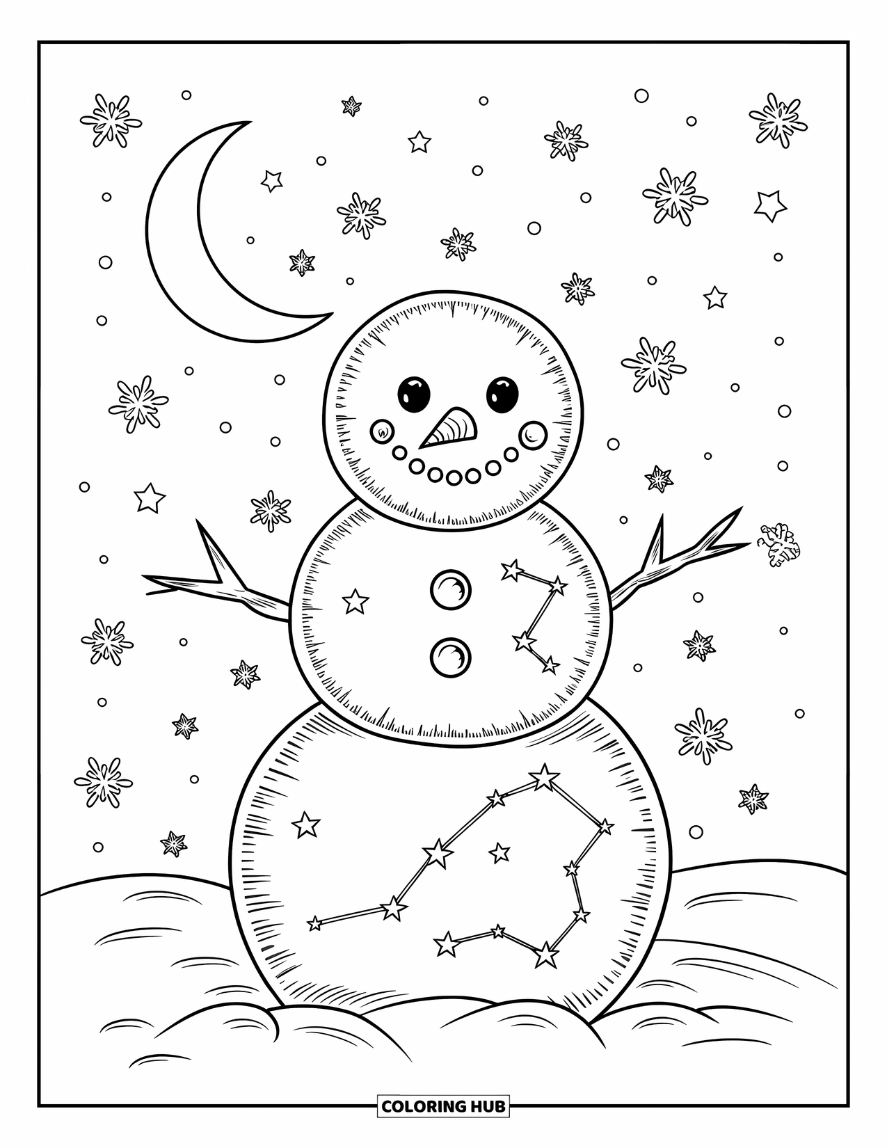 Desenho de boneco de neve para colorir para adultos: Um boneco de neve celestial está sob um céu iluminado pela lua, adornado com constelações rodopiantes e delicados flocos de neve