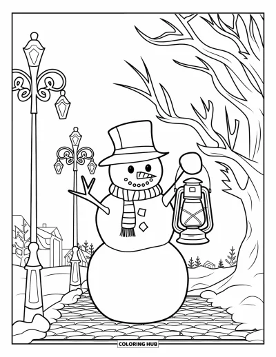 Coloriage de bonhomme de neige pour adultes : Un joyeux bonhomme de neige tient une lanterne sur un chemin enneigé, entouré d'arbres dénudés et de lampadaires brillants