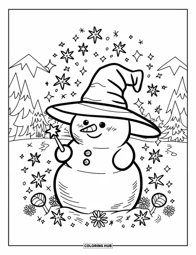 Coloriage de bonhomme de neige pour adultes : Un joyeux bonhomme de neige avec un chapeau de magicien agite une petite baguette étoilée, avec des fleurs et des étincelles autour