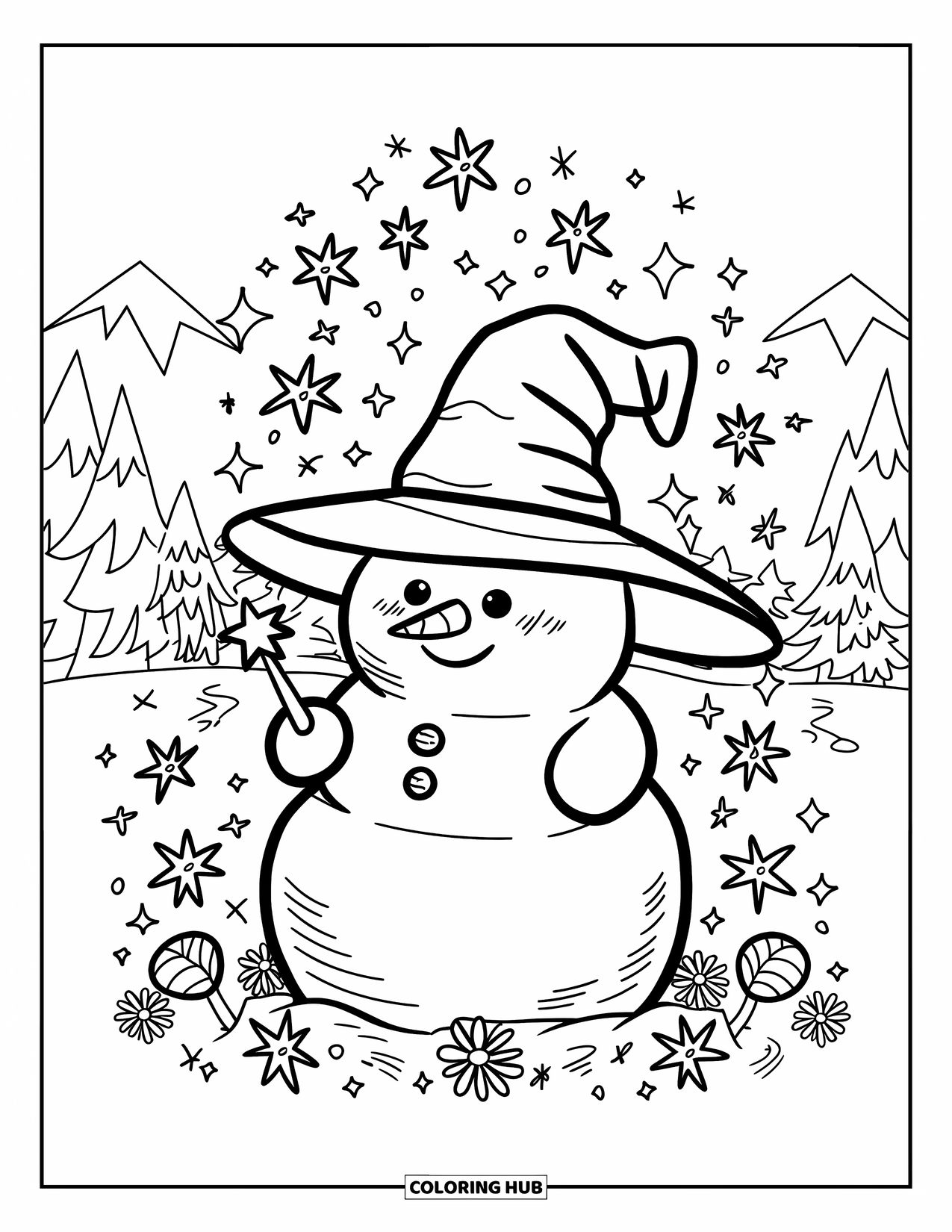 Desenho de boneco de neve para colorir para adultos: Um boneco de neve alegre com um chapéu de mago acena com uma pequena varinha de estrela, com flores e brilhos ao redor