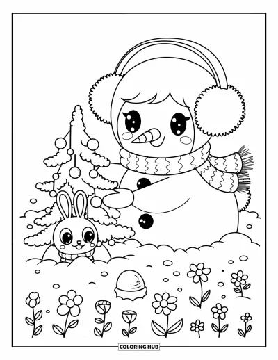 Coloriage de bonhomme de neige pour adultes : Un joyeux bonhomme de neige avec des cache-oreilles accroche des décorations sur un minuscule arbre tandis qu’un lapin jette un coup d’œil à partir de la neige