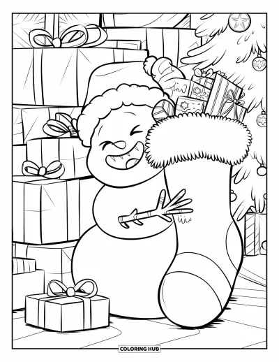 Coloriage de bonhomme de neige pour adultes : Un joyeux bonhomme de neige jette un coup d’œil derrière des cadeaux dans une pièce confortable, tenant un bas rempli de friandises
