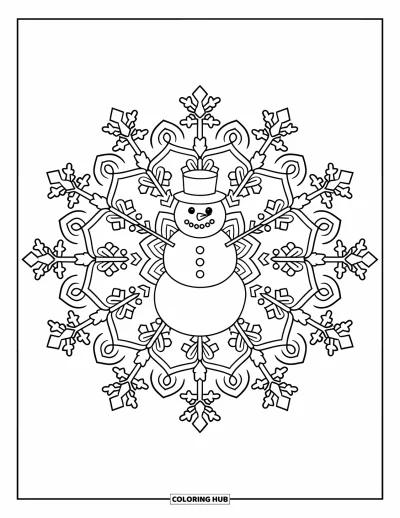 Coloriage de bonhomme de neige pour adultes : Un joyeux bonhomme de neige repose au centre d'un mandala, rempli de flocons de neige complexes et de motifs hivernaux