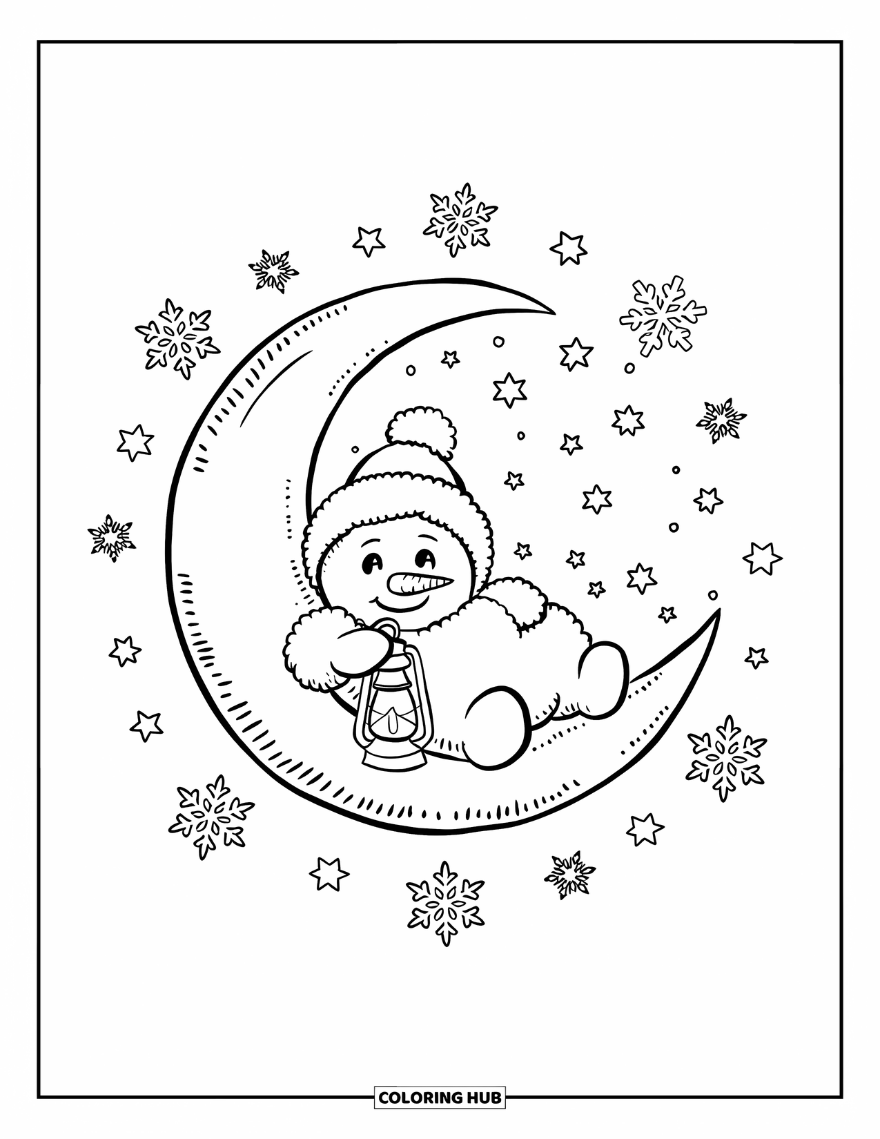 Desenho de boneco de neve para colorir para adultos: Um boneco de neve alegre descansa em uma lua crescente, segurando uma lanterna enquanto flocos de neve flutuam ao redor