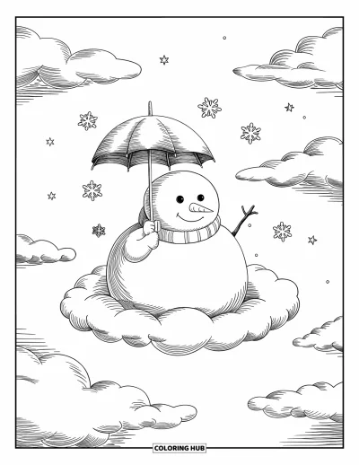 Coloriage de bonhomme de neige pour adultes : Un joyeux bonhomme de neige est assis sur un nuage moelleux, tenant un petit parapluie tandis que des flocons de neige tombent doucement
