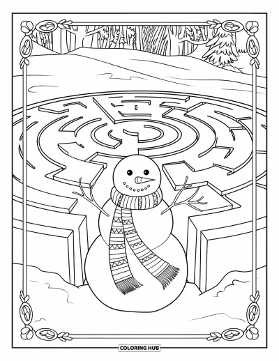 Coloriage de bonhomme de neige pour adultes : Un joyeux bonhomme de neige se dresse devant un labyrinthe enneigé, avec une longue écharpe enroulée autour de son corps rond