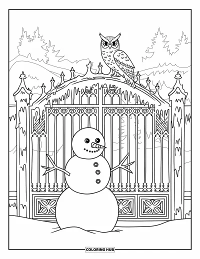 Coloriage de bonhomme de neige pour adultes : Un joyeux bonhomme de neige se dresse devant une porte ornée couverte de givre, tandis qu'un hibou observe d'en haut