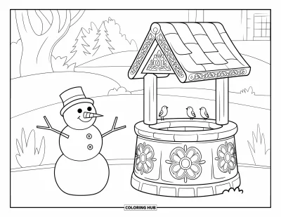 Coloriage de bonhomme de neige pour adultes : Un joyeux bonhomme de neige se dresse à côté d'un puits à souhaits sculpté de motifs floraux, avec des oiseaux se reposant sur son bord