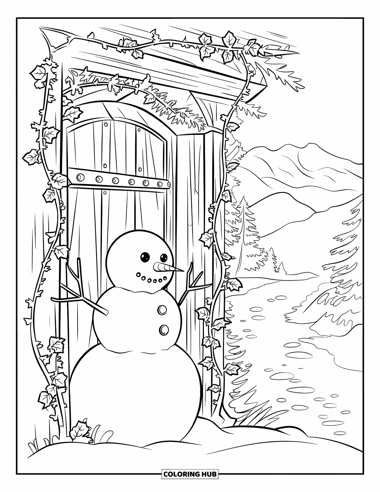 Desenho de boneco de neve para colorir para adultos: Um boneco de neve alegre está ao lado de uma porta de madeira desgastada, emoldurada por hera e galhos cobertos de gelo