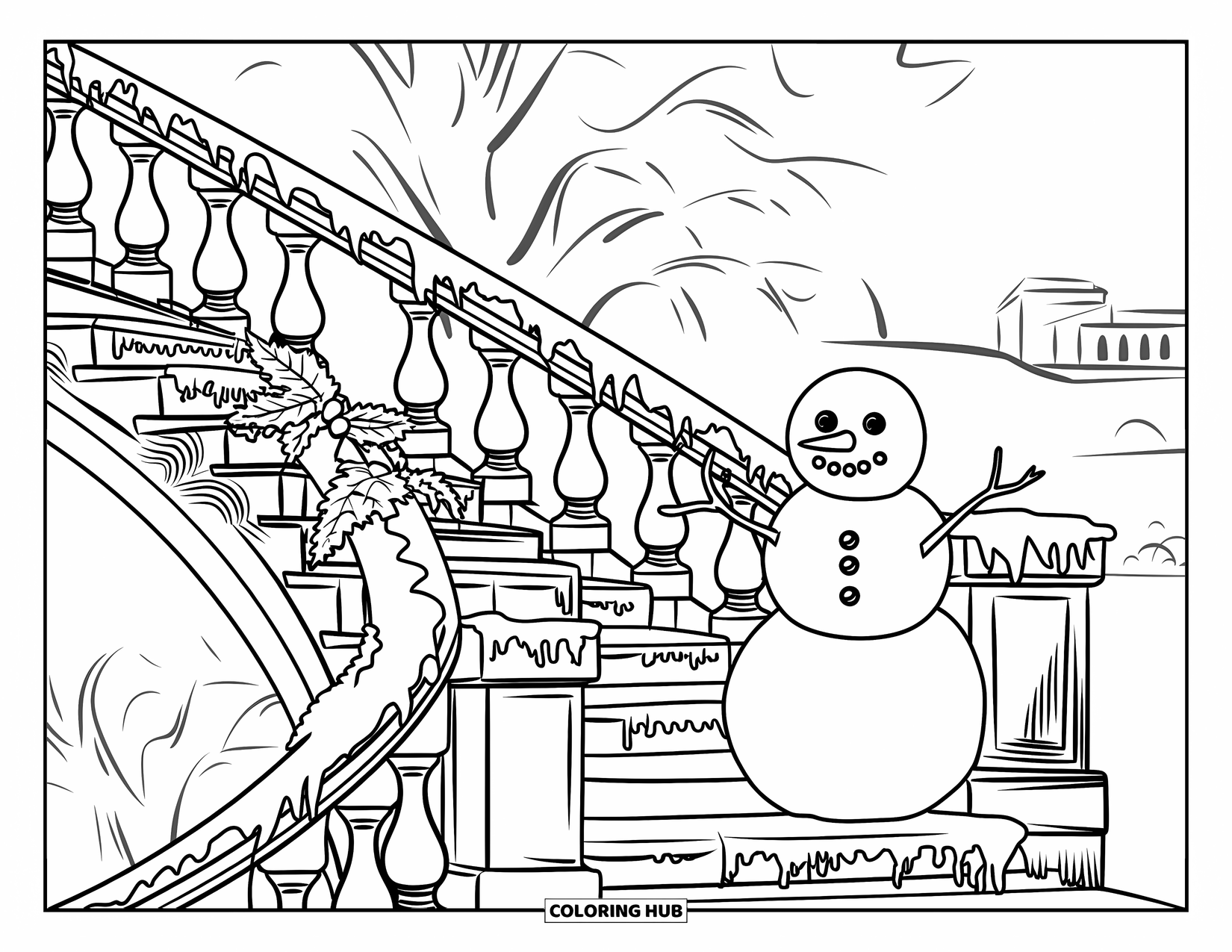 Desenho de boneco de neve para colorir para adultos: Um boneco de neve alegre fica em uma escada de pedra, com hera coberta de gelo e árvores cobertas de neve distantes