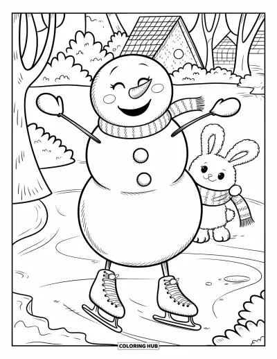 Coloriage de bonhomme de neige pour adultes : Un bonhomme de neige joyeux a du mal à tenir en équilibre sur des patins tandis qu'un lapin tient une minuscule écharpe à proximité