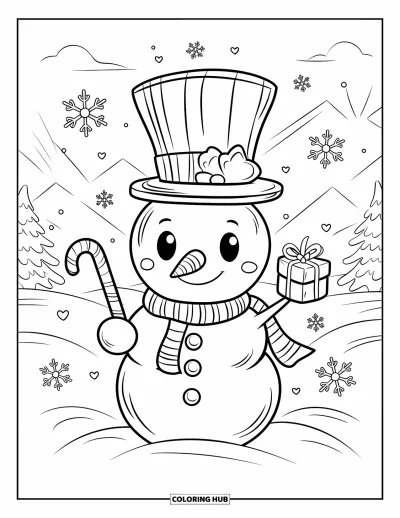 Coloriage de bonhomme de neige pour adultes : Un joyeux bonhomme de neige avec un chapeau haut de forme tient une canne en bonbon et un petit cadeau, entouré de flocons de neige tourbillonnants