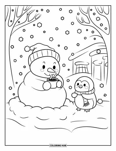 Coloriage de bonhomme de neige pour adultes : Un joyeux bonhomme de neige avec du cacao est assis sur un monticule enneigé tandis qu’un pingouin curieux tire sur son écharpe