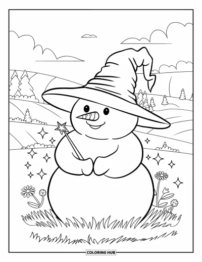 Coloriage de bonhomme de neige pour adultes : Un bonhomme de neige potelé avec un chapeau de magicien mou tient une petite baguette étoilée, entouré d’étincelles magiques