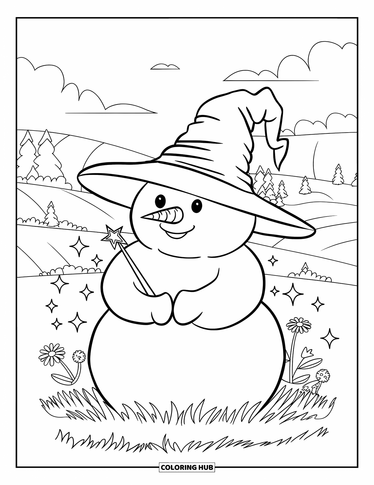 Desenho de boneco de neve para colorir para adultos: Um boneco de neve rechonchudo com um chapéu de mago flexível segura uma pequena varinha de estrela, cercado por brilhos mágicos